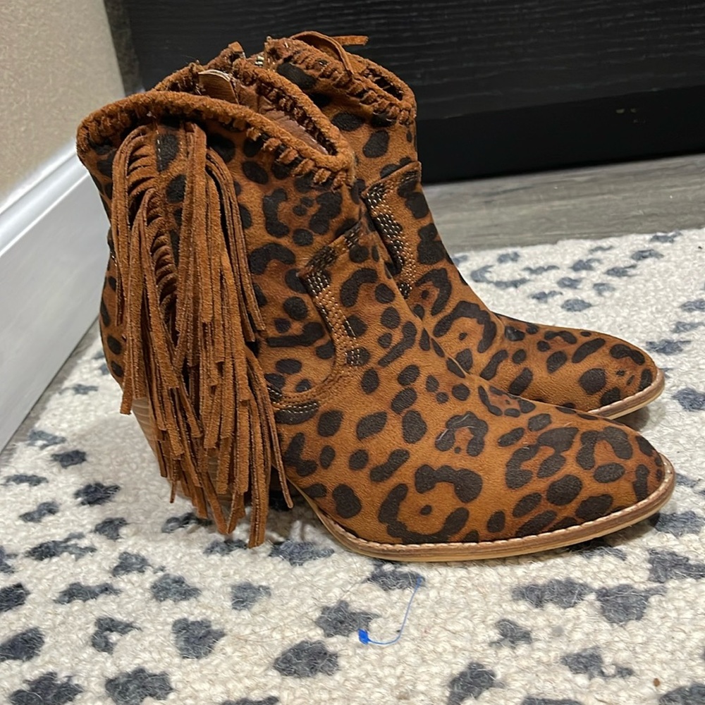 Animal print ankle booties with fringe